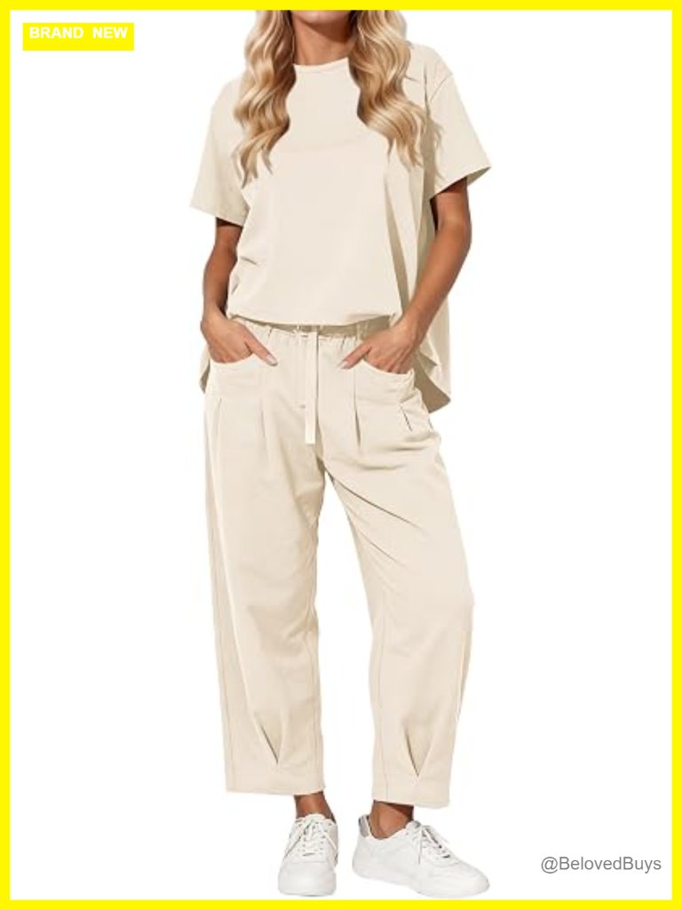 2 Piece Travel Lounge Set Short Sleeve Tee Wide Leg Barrel Pants Trendy